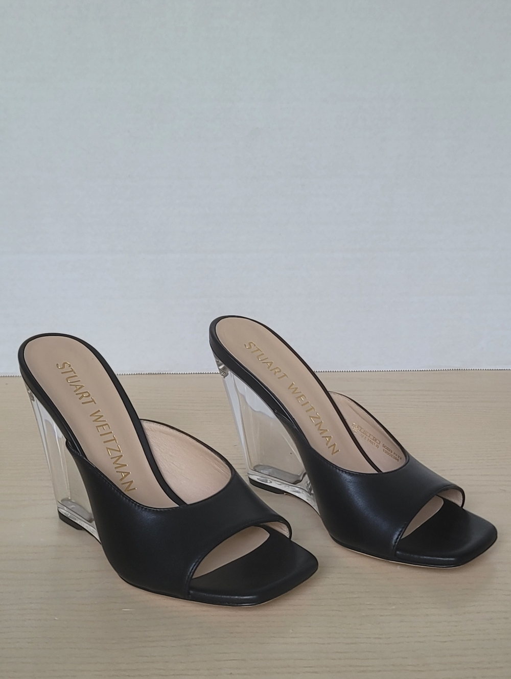 Stuart Weitzman Black Leather Clear-Wedge Slide Open-Toe Mules Sandals Sz 7